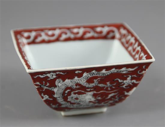A Chinese iron-red and black enamelled dragon square bowl, Jiajing mark and perhaps of the period, width 10.6cm